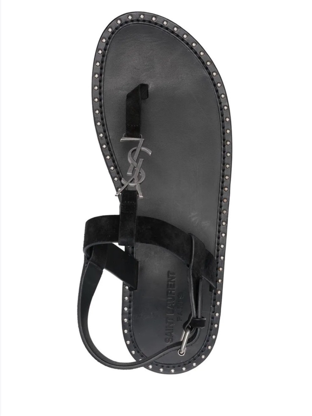 Saint Laurent Cassandra studd Black Leather T-Strap Flat Sandals